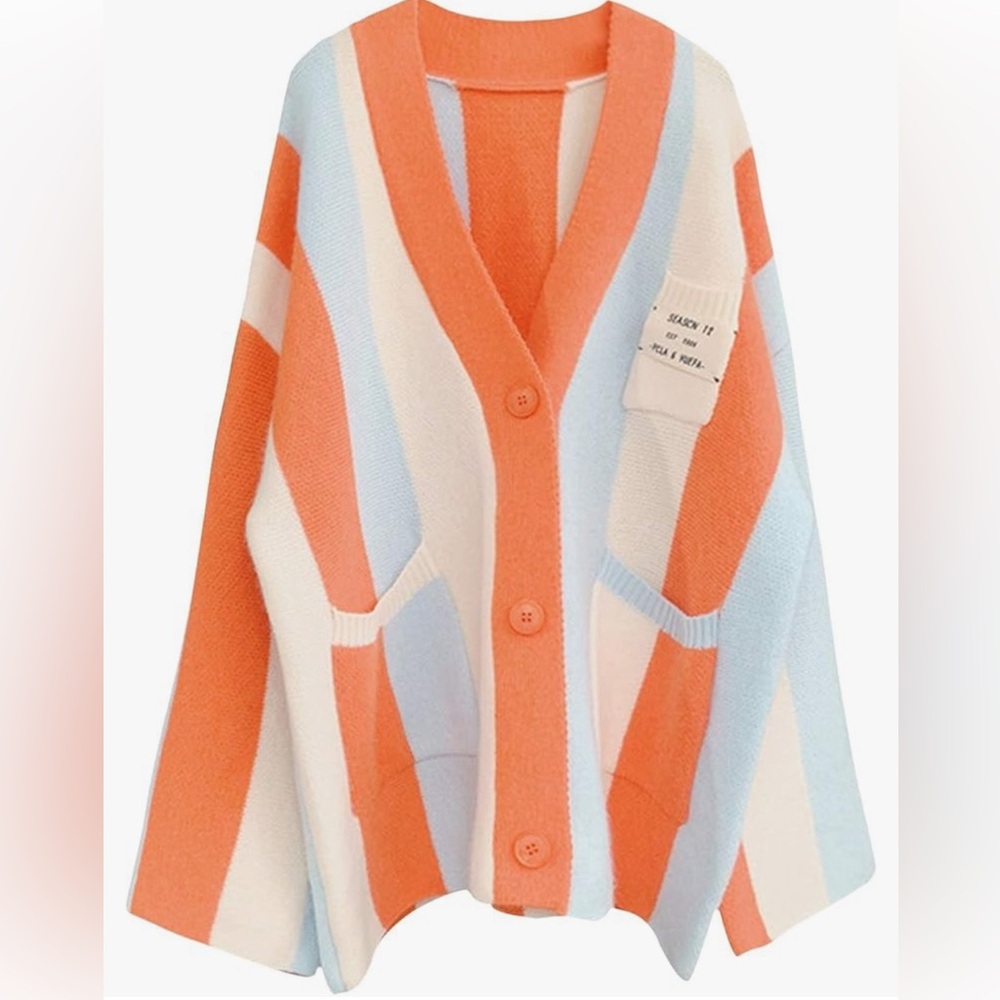 Knitted Cardigans Long Sleeve Boho Color Block Striped Sweater